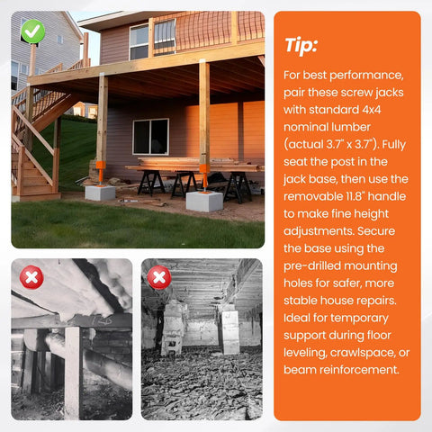 2 Pack 4X4 Adjustable Screw Jack Posts For Leveling Homes, Heavy Duty Steel Crawlspace Supports with orange tops under a deck.