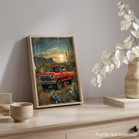Steady Vintage Truck Wall Art Print For Rustic Home Decor, Classic 1950s Chevy Ford Pickup, Old School Truck Charm In Red.