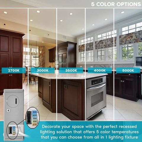Interior kitchen with Ultra Thin 5 Inch LED Recessed Wafer Light, displaying 5 color temperature options from 2700K to 5000K.
