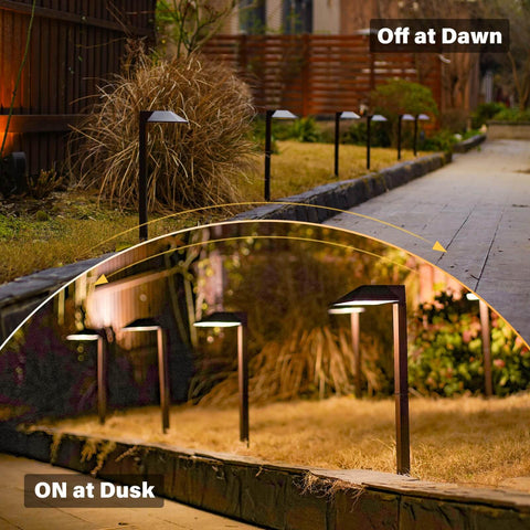 Outdoor walkway with photo eye light sensor for power pack transformers, dusk to dawn auto on off, shows on at dusk and off at dawn effect.