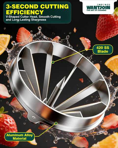 Close-up of Commercial Lemon Wedger With Dual 4 And 8 Wedge Blades, V-Shaped Stainless Steel Blade in action with fruit splashes