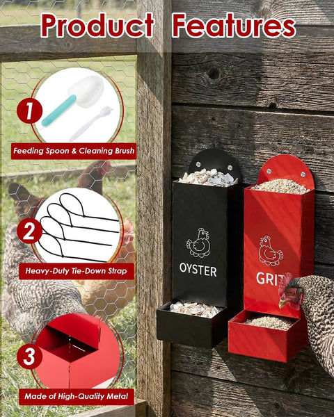 Automatic Gravity Fed Chicken Oyster Shell Feeder 2 Pack Large Capacity Grit Dispenser with metal bins and chicken accessory features.