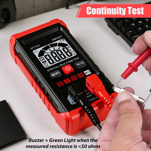 Digital Multimeter With Auto Ranging And NCV Non Contact Voltage Tester in red, showing continuity test.