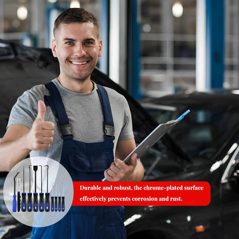 Mechanic holding clipboard, smiling with a thumbs up, showcasing 11 Piece Car Carbon Steel Precision Hook And Pick Set With Magnetic Tool Kit.