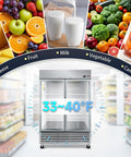 Fire Heavy Duty 49 Cubic Foot Commercial Display Refrigerator With 54 Inch Swing Glass Door And Corrosion Resistant Stainless Steel Build for showcasing fruits and dairy.