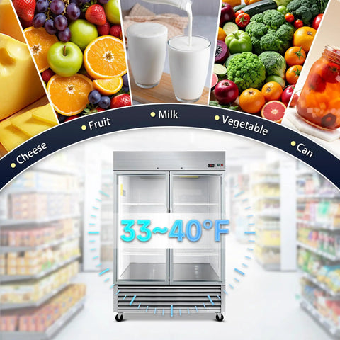 Fire Heavy Duty 49 Cubic Foot Commercial Display Refrigerator With 54 Inch Swing Glass Door And Corrosion Resistant Stainless Steel Build for showcasing fruits and dairy.