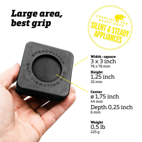 Hand holding 4 Pack Anti Vibration Pads For Washer And Dryer, Stop The Wobble And Loud Rumbles, square rubber foot pad with dimensions.