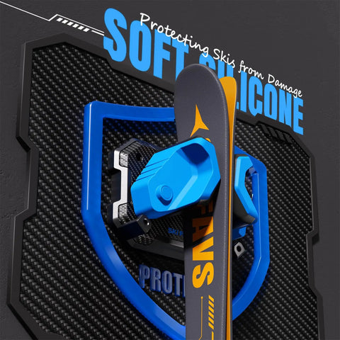 Heavy Duty Wall Mounted Ski And Snowboard Rack For Garage Keeps Gear Crash Proof Featuring Soft Rubber Holders That Lock Boards Rock Solid And Super Sweet Storage Setup Blue 4 Pack showing skis secured with soft silicone protectors.