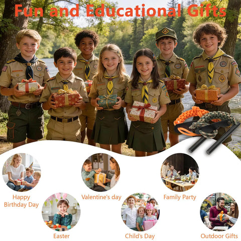 Image featuring scouts holding gifts, with Four Inch Long Ferro Rod Fire Starter Kit With Orange Paracord Lanyard Handle And Striker shown.