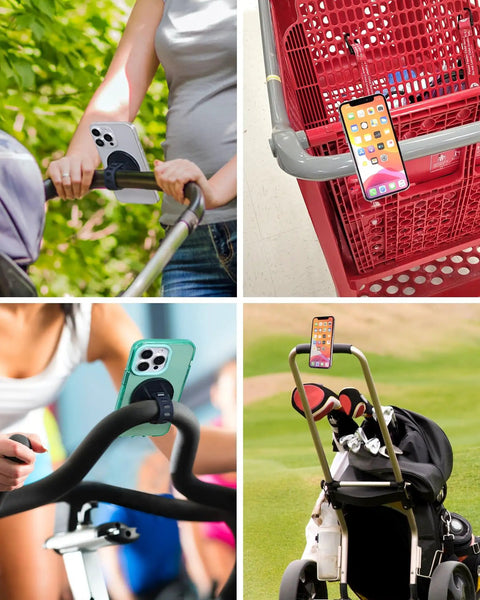 Stroller Phone Holder With MagSafe Handlebar Mount for on the go, shown on strollers, shopping cart, and golf push cart, 20 N52 magnets.