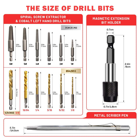 Fourteen Piece Spiral Screw Extractor Set With Tungsten Carbide Tip Scriber Pen Cobalt Left Hand Drill Bits For Tackling Stripped Screws And Bolts in various sizes displayed with measurements and magnetic bit holder.