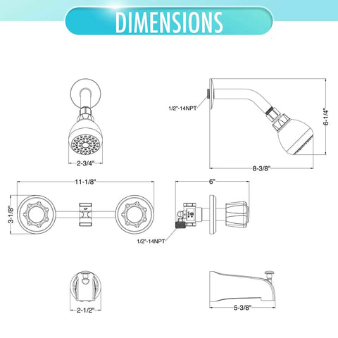 Dimensional drawing of Polished Chrome Acrylic Tub And Shower Faucet Trim Kit With Two Handles For An Easy Bath Upgrade.