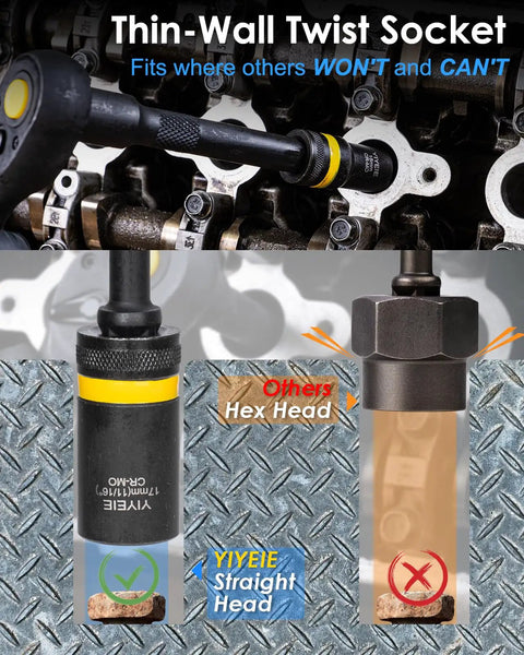Thin-wall twist socket for Heavy Duty Bolt Nut Extractor Socket Set With Half Inch Drive Wheel Lock Removal Kit And Ratchet Wrench For Stripped Damaged Bolts From Eight To Twenty Seven Millimeters And Five Sixteenths To One Inch Range.