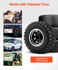 Stacked car tires with pressure guidelines for motorcycle, sedan, SUV, lawn tractor, and applicable size. Works with tubeless tires.