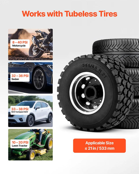 Stacked car tires with pressure guidelines for motorcycle, sedan, SUV, lawn tractor, and applicable size. Works with tubeless tires.