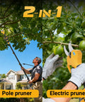 Heavy Duty 2 In 1 Electric Pruning Shears With A Telescoping Pole Reaching 15 Feet in use, showcasing pole and electric pruner options.