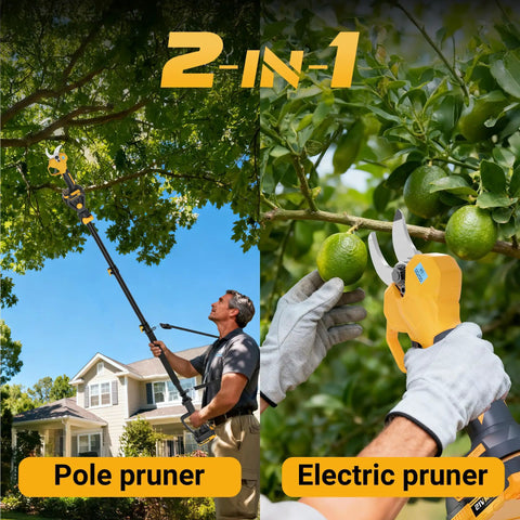 Heavy Duty 2 In 1 Electric Pruning Shears With A Telescoping Pole Reaching 15 Feet in use, showcasing pole and electric pruner options.
