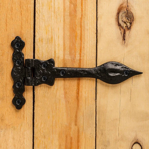 Black Wrought Iron Door Strap Hinges, 6 Inch Long, Antique Colonial Spear Tip mounted on wooden gate