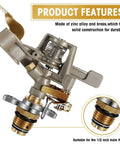 Close-up of Heavy Duty Brass Impact Sprinkler Heads With Adjustable 360 Degree Coverage For Lawns And Gardens 9 Pack, showcasing zinc alloy construction.