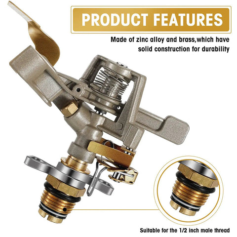 Close-up of Heavy Duty Brass Impact Sprinkler Heads With Adjustable 360 Degree Coverage For Lawns And Gardens 9 Pack, showcasing zinc alloy construction.