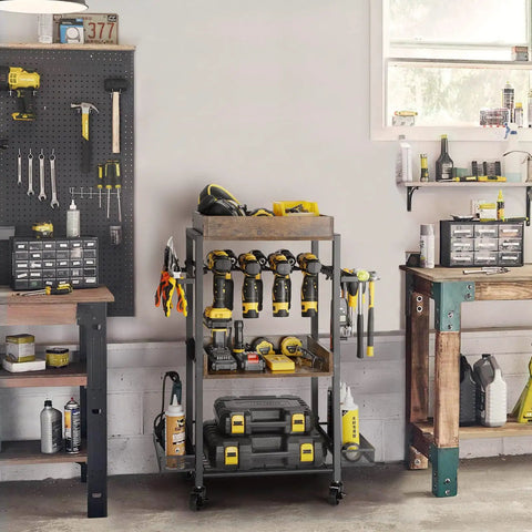Power Tool Organizer Rolling Cart For Garage Storage And Workshop Organization Tool Rack And Drill Holder Shelving On Wheels