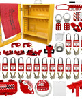All In One Lockout Tagout Cabinet Kit with 138 Piece LOTO Set for Industrial Safety includes padlocks, hasps, tags, heavy-duty storage station.