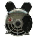 Front view of a new 5HP compressor-duty electric motor; silver housing, black end cap, exposed shaft