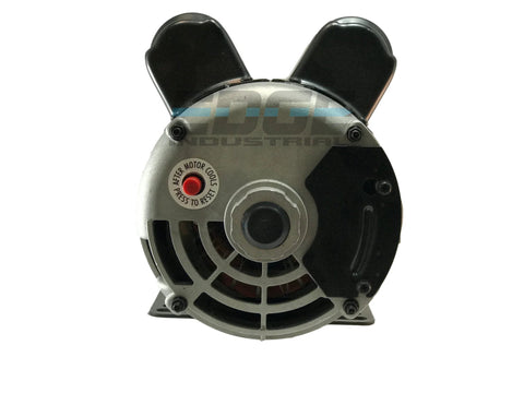 Front view of a new 5HP compressor-duty electric motor; silver housing, black end cap, exposed shaft