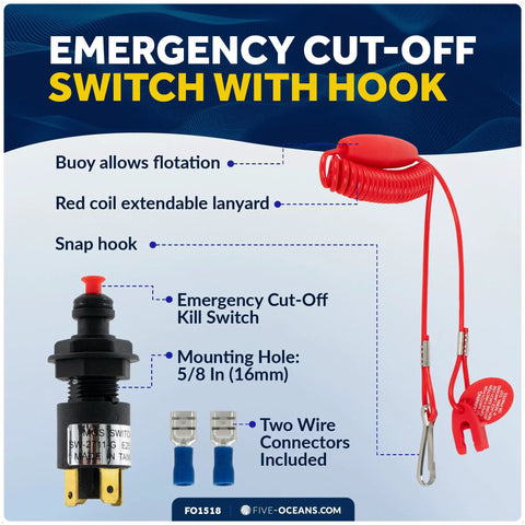 Diagram of Universal Emergency Kill Switch For Boats And Personal Watercraft, 12VDC Engine Shut Off Switch With Extendable Coil Lanyard.
