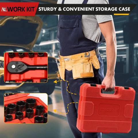 Person holding 111-Piece Mechanics Tool Set With Metric 8-15mm And SAE Five Sixteenths To Three Quarters Inch Sockets in carry case.