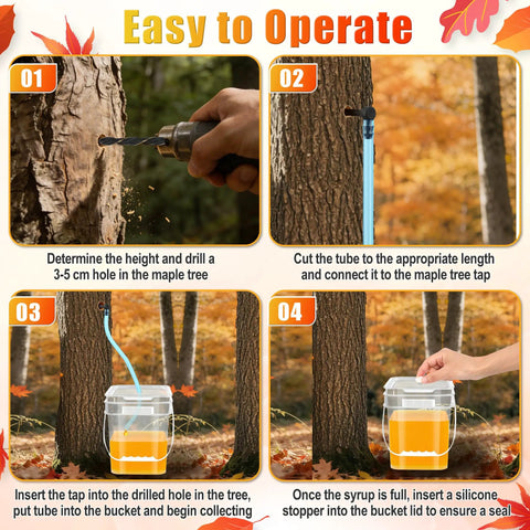Step-by-step instructions showing use of Ultimate Maple Syrup Tapping Kit with buckets, tubing, and drill.