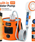 Rechargeable Camping Shower With Immersion Water Heater, LED Filter Shower Head, Portable Pump, 6.6 Gallon Foldable Bucket, All In One Outdoor Shower For Travel, Pet Bath, Car Wash, Camp Cleanup On The Go with built-in pump and smart chip features.