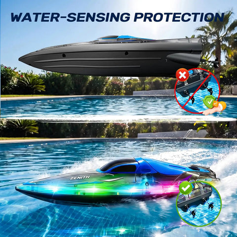 Remote Control Boat With LED Lights For Kids And Adults, 2.4GHz Waterproof Speed Boat showing water-sensing protection