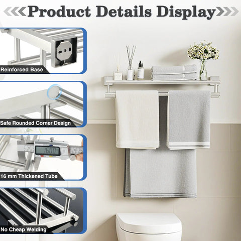 Double Bar Towel Rack For Bathroom Wall Mount 304 Stainless Steel Brushed Nickel Finish Towel Holder Shelf No Fuss Easy Install Lavatory Organizer Durable 16 Inch Towel Hanger with product details including reinforced base, safe rounded corners, 16mm thickened tube, and no cheap welding