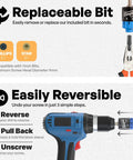 Adjustable Drywall Bit And Screw Gun Attachment shown with replaceable bit and reversible function on blue cordless drill.