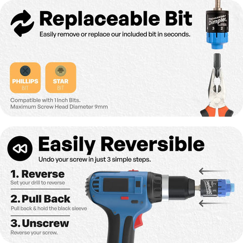 Adjustable Drywall Bit And Screw Gun Attachment shown with replaceable bit and reversible function on blue cordless drill.