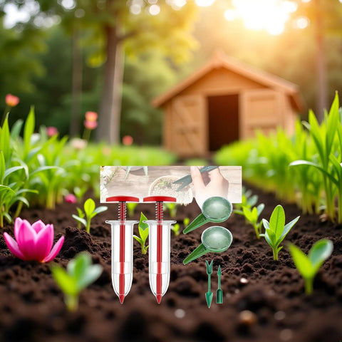 Six Piece Mini Seed Spreader Set for Tiny Seeds in a garden with handheld seed dispensers, dibber, and widger, easy grip, portable tools
