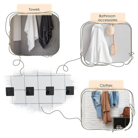 Matte Black Self Adhesive Towel Hooks mounted holding towels and clothes in bathroom setting, heavy duty SUS304 stainless steel 4 pack