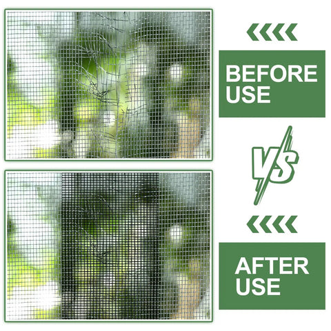 Comparison of torn and repaired mesh using Extra Wide 12x12 Window Screen Patch Kit 6-Piece Black Fiberglass Mesh Tape With Strong Adhesive