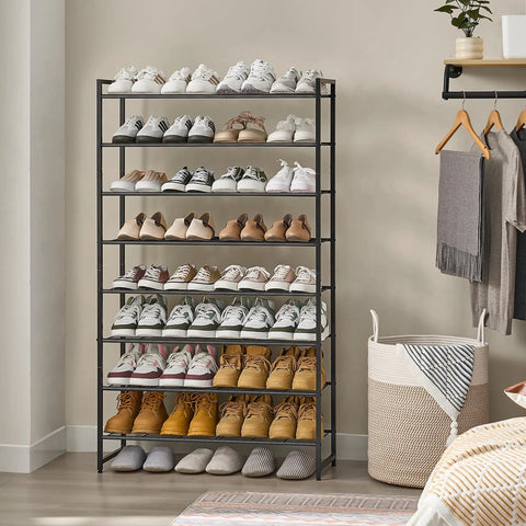 Heavy Duty Eight Tier Shoe Rack For Closet And Garage No Sweat Organization Holds Forty Pairs Flex Frame Metal Organizer Entryway Space Savers Essentials Black Rack