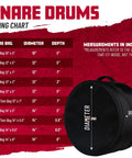 Top Tier 14 X 8 Inch Snare Drum Gig Bag With Hella Durable 1000D Nylon Armor For Keeping Your Kit Solid On The Road sizing chart with measurements.