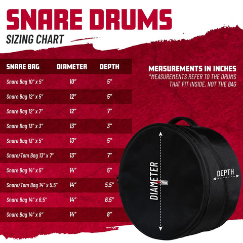 Top Tier 14 X 8 Inch Snare Drum Gig Bag With Hella Durable 1000D Nylon Armor For Keeping Your Kit Solid On The Road sizing chart with measurements.