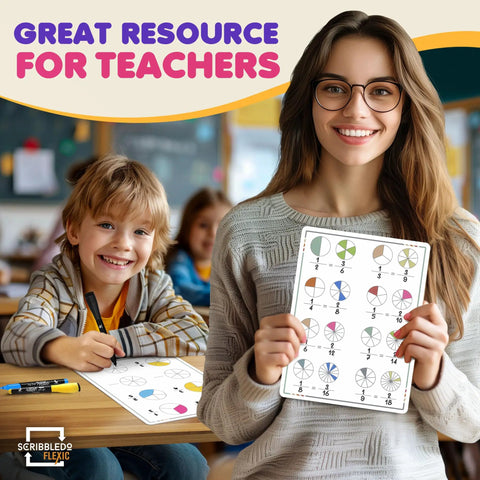 Teacher holding Flexible Dry Erase Fraction Sheets 9 by 12 Inch Small Whiteboards Pack of 10 with student in classroom