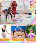 Children playing and exercising with 12 Piece Toy Hoop Set For Kids And Teens Adjustable Detachable Exercise Rings, 24 Inch Colorful Gymnastics Hoops In Green Rose Yellow Purple For Home Fitness, Dog Agility, Party Games, Kid Friendly Self Assembly