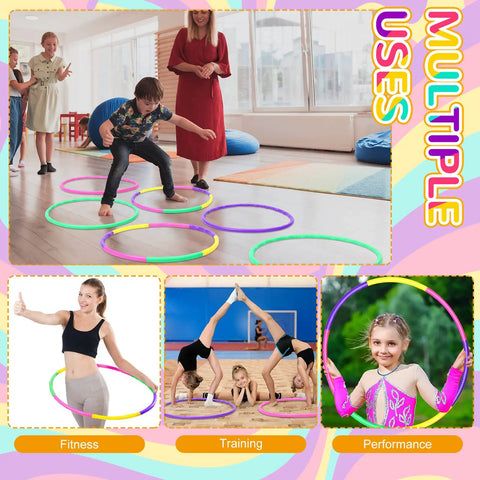 Children playing and exercising with 12 Piece Toy Hoop Set For Kids And Teens Adjustable Detachable Exercise Rings, 24 Inch Colorful Gymnastics Hoops In Green Rose Yellow Purple For Home Fitness, Dog Agility, Party Games, Kid Friendly Self Assembly