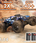 One Fourteen Scale All Terrain RC Car 4WD Off Road Truck With High Speed Up To 40 Km Hr shown in action with two 1300mAh batteries
