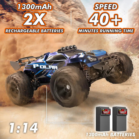 One Fourteen Scale All Terrain RC Car 4WD Off Road Truck With High Speed Up To 40 Km Hr shown in action with two 1300mAh batteries
