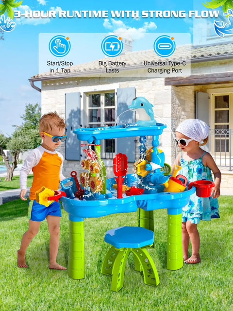 Kids playing with Dolphin Water Table Pump With Magnetic Base No Drill 3 Hour Runtime Rechargeable Continuous Flow Outdoor Toy