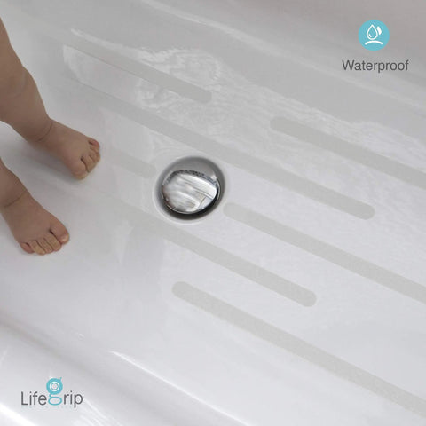 Child standing on Clear Non Slip Tape 1 Inch By 30 Feet Traction Grip For Tubs Boats And Stairs Soft Texture Adhesive Tape Eco Friendly Safe For Bare Feet And Kids At Home Or On The Boat.