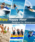 Collage of water sports and beach activities, highlighting fun with Two Pack Waterproof Phone Pouch Go To Up To 10 Inch Large Universal IPX8 Dry Bag.